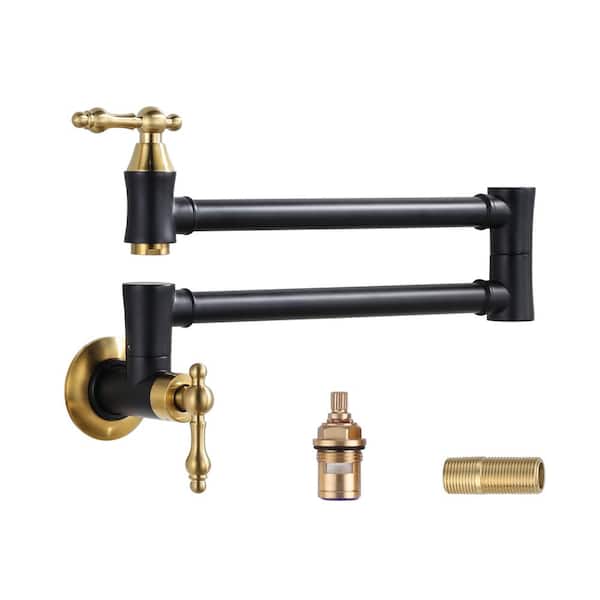 WOWOW 23.5 in. Wall Mount Folding Stretchable Pot Filler Faucet with Double Handle in Gold and Black