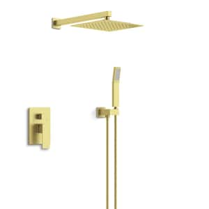 Single Handle 2-Spray 12 in. Shower Faucet 2 GPM with High Pressure in Brushed Gold (Valve Included)