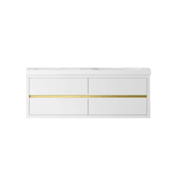 60 in. W x 20 in. D x 22 in. H Double Sink Wall-Mounted Bath Vanity in Glossy White with White Solid Surface Top