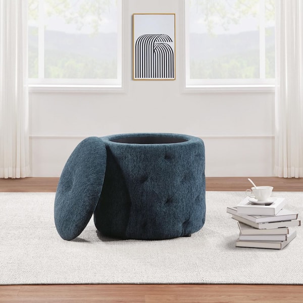 Erindale Indigo Fabric Round Storage 18.5 in. Ottoman