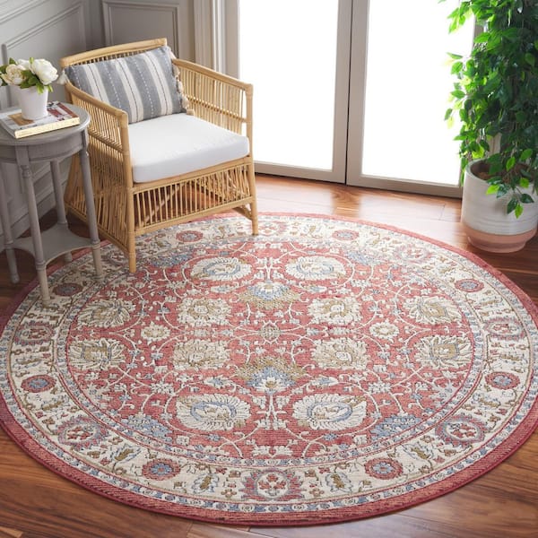 Rosewood 7 ft. x 7 ft. Ivory/Red Ornate Floral Round Area Rug