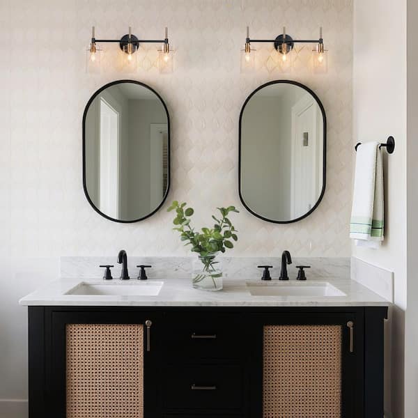 19.5 in. 3-Light Modern Brass Vanity Light, DIY Black Industrial Bathroom Wall Sconce with Cylinder Clear Glass Shades