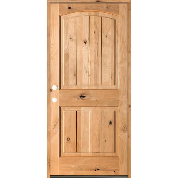 36 in. x 80 in. Rustic Knotty Alder Top Arch V-Groove Right-Hand/Inswing BEHR Cedar Stain Wood Prehung Front Door