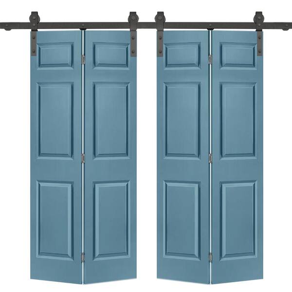 CALHOME 48 in. x 80 in. 6-Panel Dignity Blue Painted MDF Composite Double Bi-Fold Barn Door with Sliding Hardware Kit