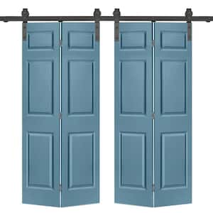 48 in. x 84 in. 6-Panel Dign Blue Painted MDF Hollow Core Composite Double Bi-Fold Barn Doors with Sliding Hardware Kit