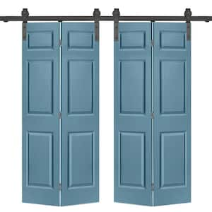 60 in. x 84 in. Hollow Core 6 Panel Dignity Blue Painted Composite Double Bi-Fold Barn Door with Sliding Hardware Kit