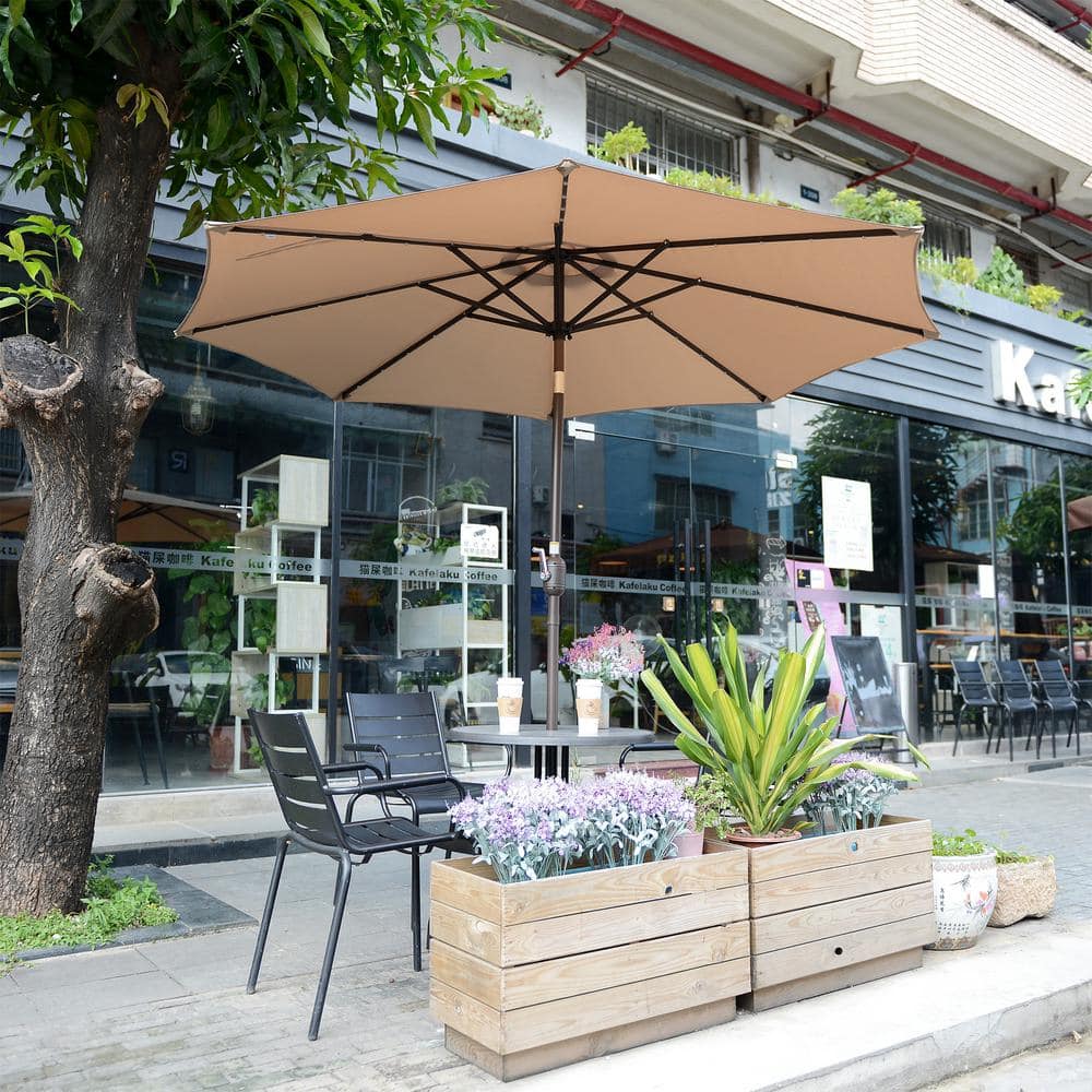 Beige 9-Foot Octagon Patio Umbrella with LED Lights and Steel Pole