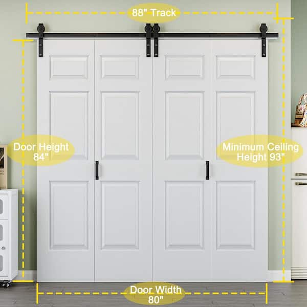 80 in. x 84 in. (4-Slab) Easy Install 6-Panel White Primed DIY Painting MDF Bi-Fold Sliding Barn Door with Hardware Kit