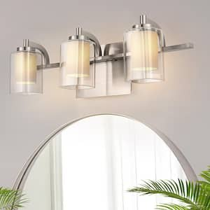 21 in. 3-Light Brushed Nickel Vanity Light with Clear and Frosted Glass Shades Bathroom Wall Sconce for Bathroom