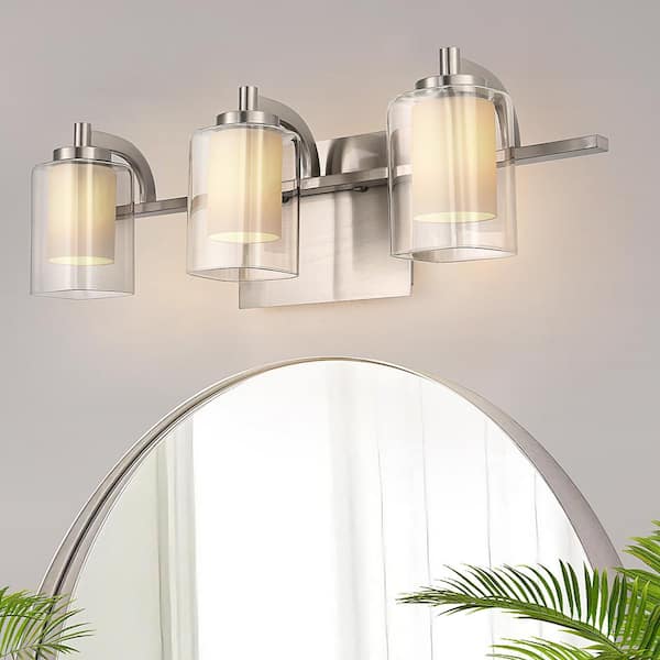 21 in. 3-Light Brushed Nickel Vanity Light for Bathroom with Clear and Frosted Glass Shades Bathroom Wall Sconce