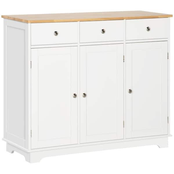 HOMCOM Modern White Sideboard with Rubberwood Top and Drawers