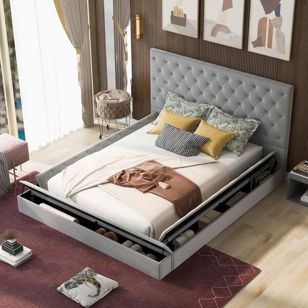 null 76.7 in. W Gray Queen Size Velvet Wood Frame Platform Bed with Storage Space