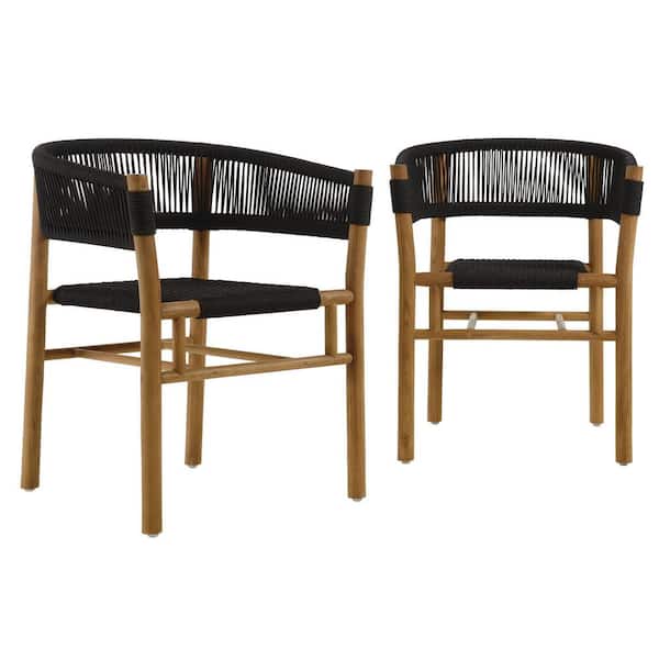 Vienna Outdoor Patio Teak and Rope Curved-Back Dining Armchairs Set of 2 in Natural Black
