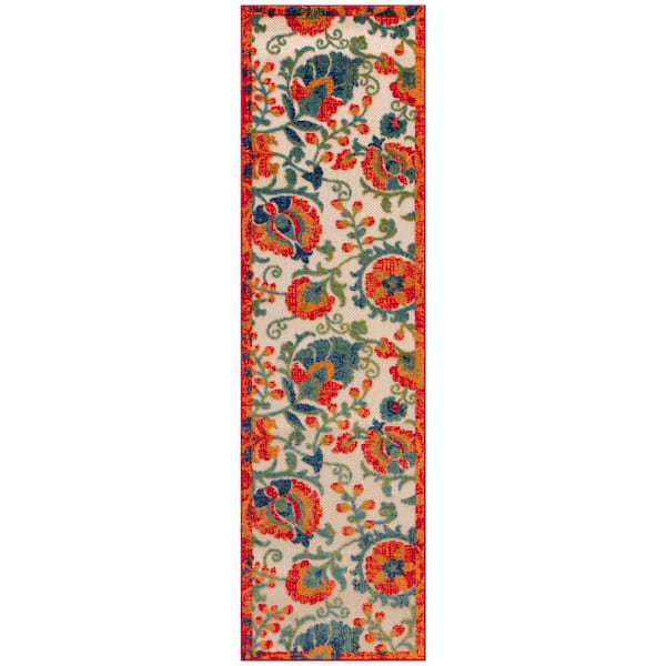 Nourison Aloha Red Multicolor 2 ft. x 8 ft. Floral Contemporary Indoor/Outdoor Runner Area Rug