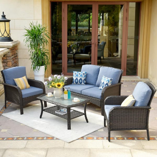 OVIOS Michefor Brown 4-Piece Wicker Patio Conversation Set with Denim ...