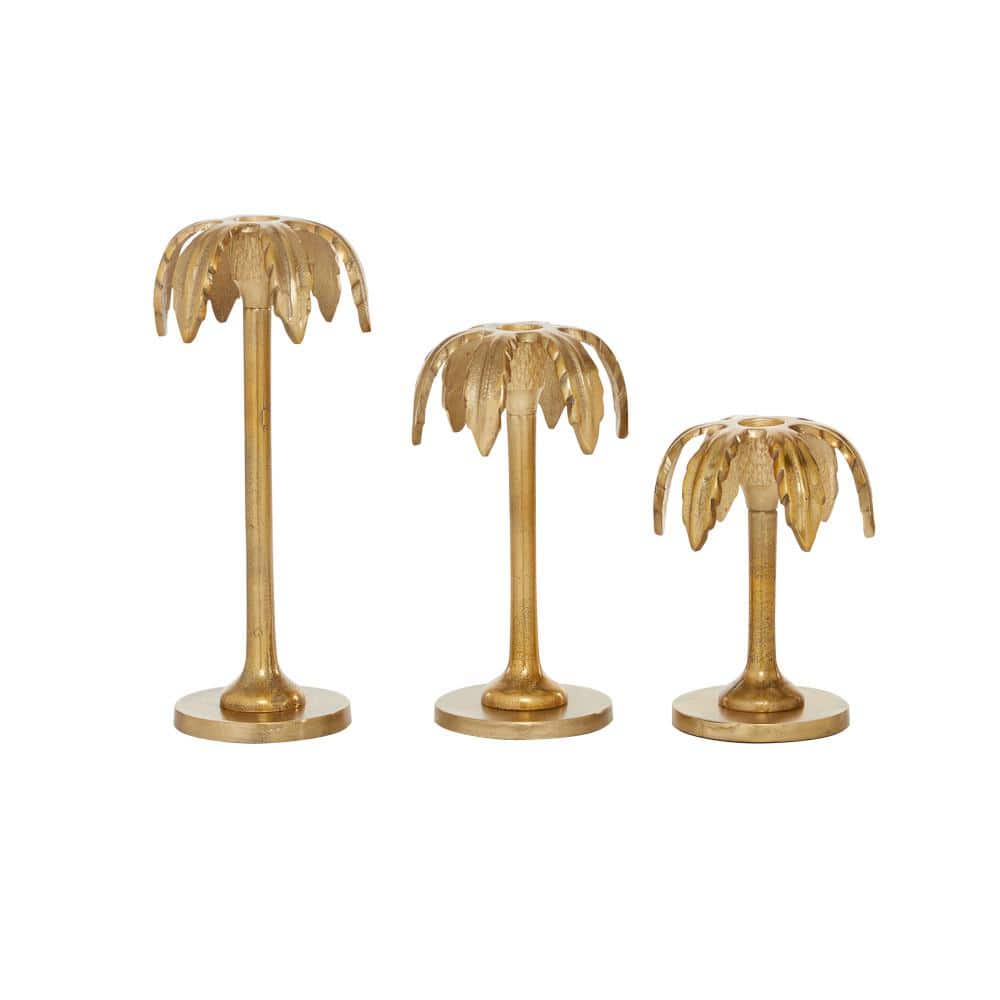 Gold Aluminum Palm Tree Taper Candle Holders Set of 3