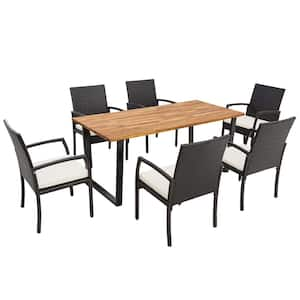 7-Piece Wicker Rectangle Outdoor Dining Set Acacia Wood Table 6 Wicker Chairs with Umbrella Hole and White Cushions