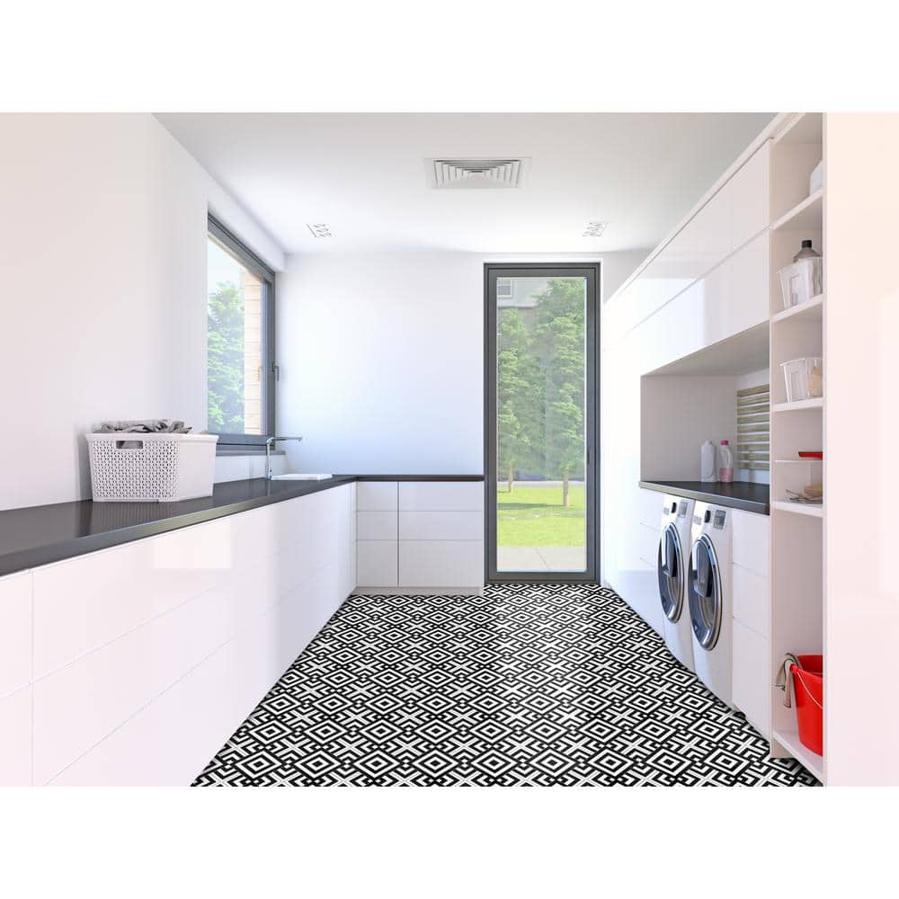 Geometric Black and White Self-Adhesive Vinyl Floor Tiles, 12" x 12", 20 Tiles