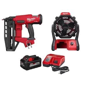 M18 FUEL 18V Lithium-Ion 16-Gauge Straight Finish Nailer, M18 Fan and HIGH OUTPUT XC8.0Ah Battery/Charger Starter Kit