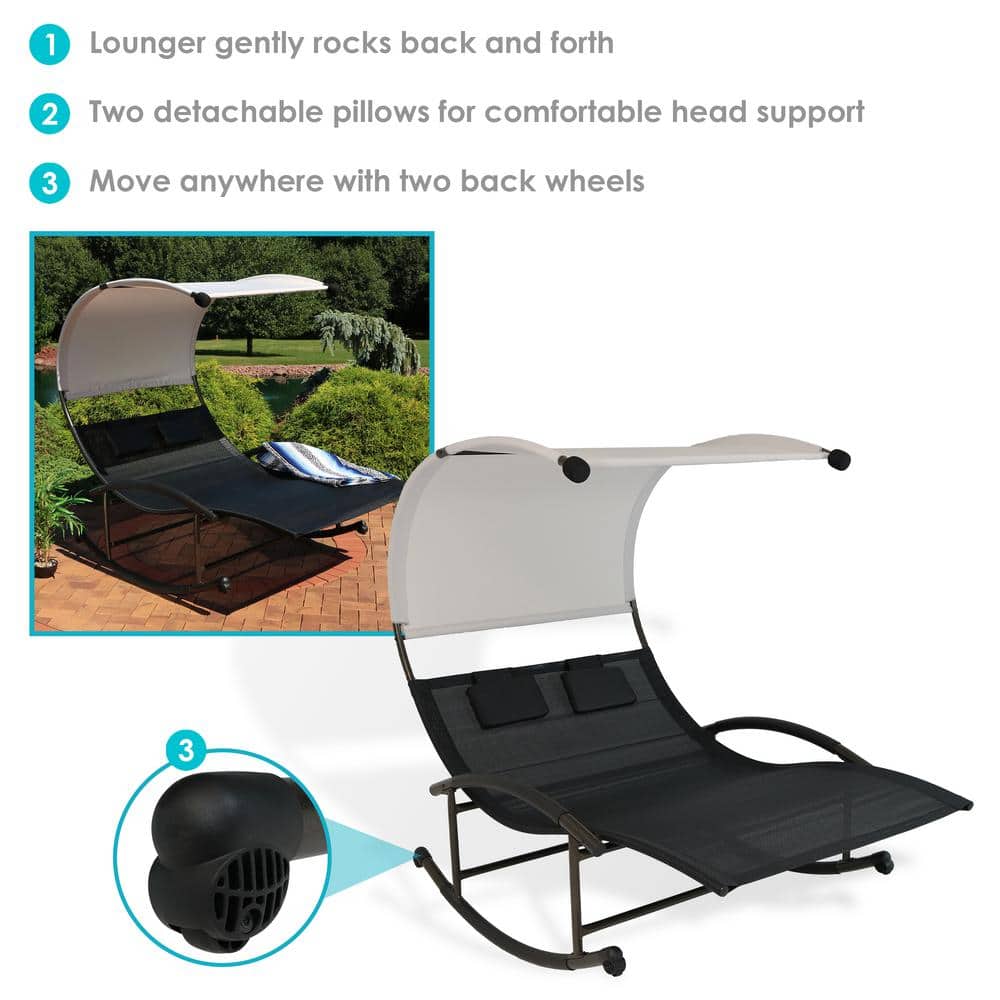 Black Double Chaise Rocking Lounge with Canopy and Cushions