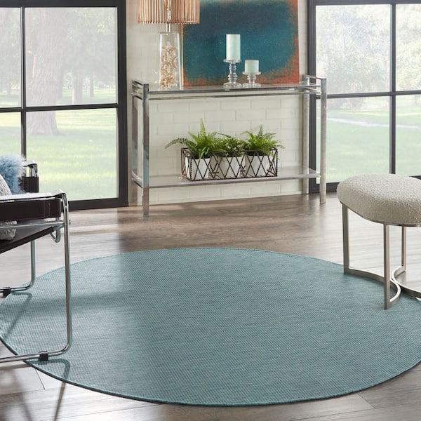 Positano Aqua 6 ft. x 6 ft. Round Solid Modern Indoor/Outdoor Patio Area Rug
