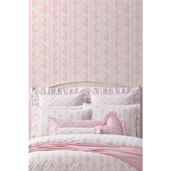 Blooming Heirloom Strawberry Pink Macaron Rose Stripe Peel and Stick Wallpaper Sample