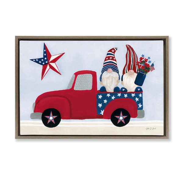 Stupell Industries Patriotic Gnomes in Truck by Yvette St. Amant Brown Floater Frame Nature Graphic Art Print 17 in. x 25 in.