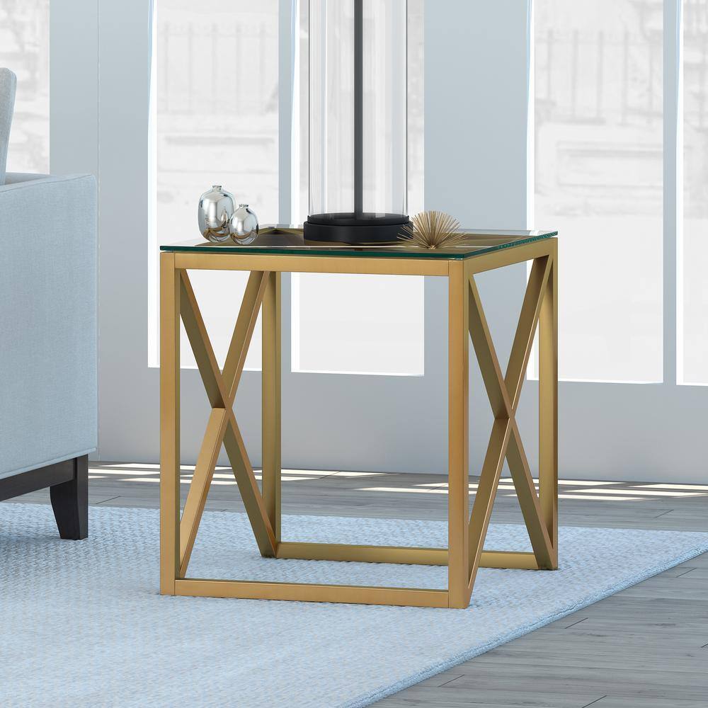 Gold Steel X-Base Square Glass Side Table