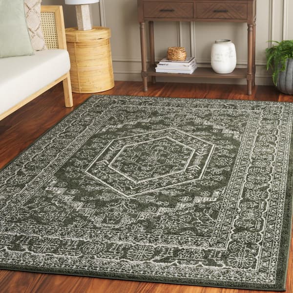 Adirondack Dark Green/Ivory 8 ft. x 10 ft. Border Medallion Area Rug