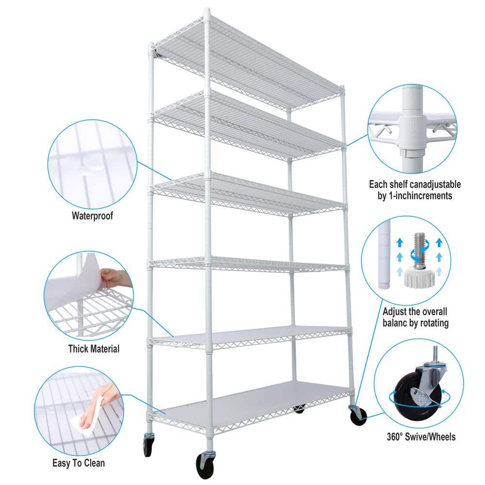 White Heavy Duty 6-Tier Metal Storage Rack with Wheels