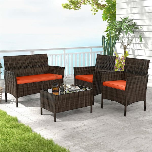 Costway 4-Piece Metal Rattan Patio Conversation Set with Orange Cushions