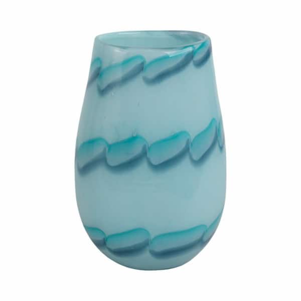 Liv & Skye 9 in. Blue Glass Round Coastal Abstract Bead Pattern Decorative Vase