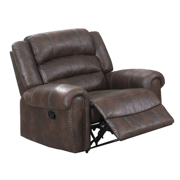 Benjara Brown Leather Manual Motion Recliner with Tufted Back