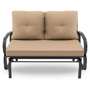 2-Person Metal Outdoor Glider Bench Rocking Loveseat Armrest with Beige Cushions