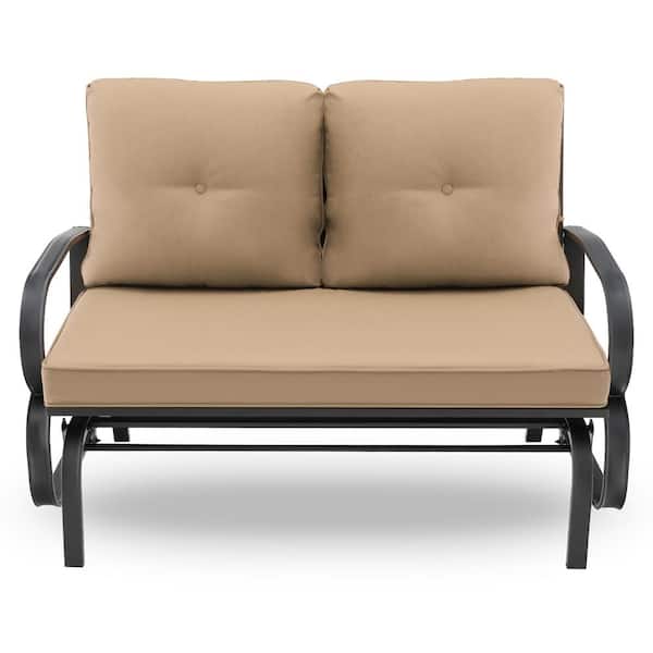 Costway 2-Person Metal Outdoor Glider Bench Rocking Loveseat Armrest with Beige Cushions