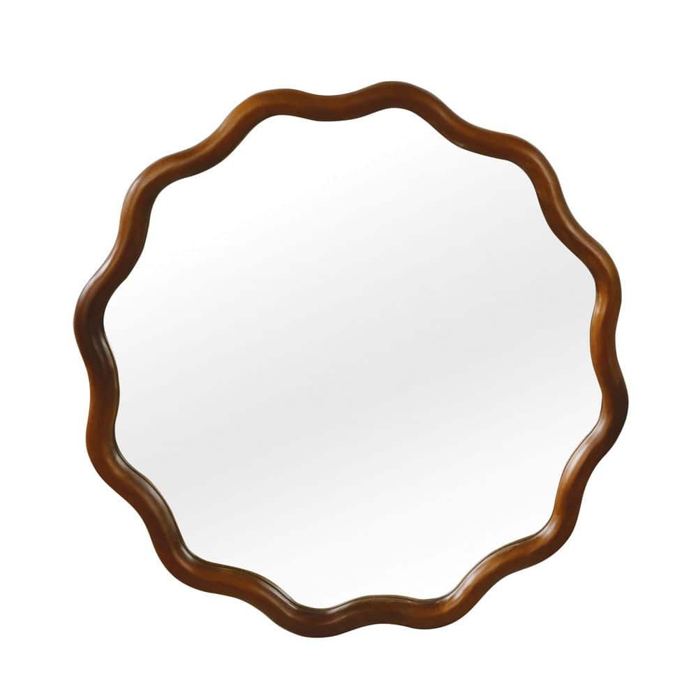 36 in. W x 36 in. H Dark Walnut Wavy-Edged Round Mirror, Solid Wood Frame Wall-Mounted Decorative Mirror