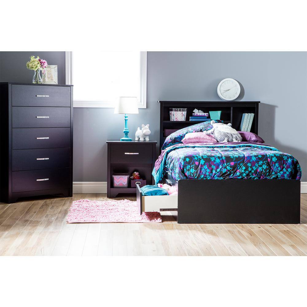 Pure Black Twin Wood Platform Bed with 3 Drawers