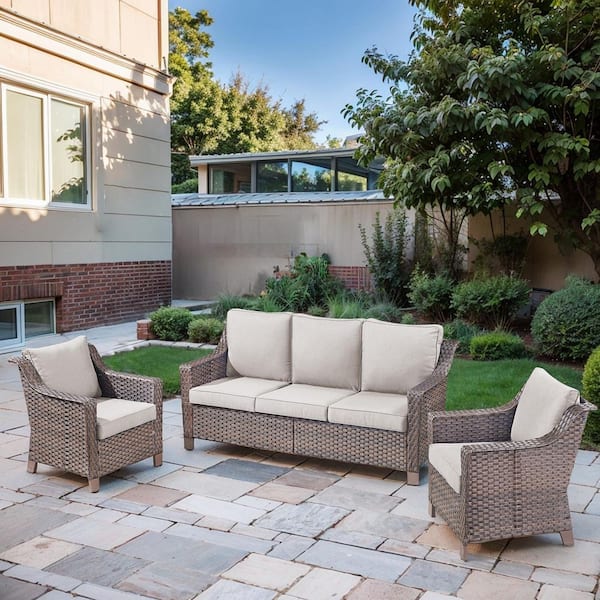 SlideArm Brown 3-Piece Wicker Armchairs Patio Conversation Set, Outdoor Sofa Seating Set with Olefin Beige Cushions