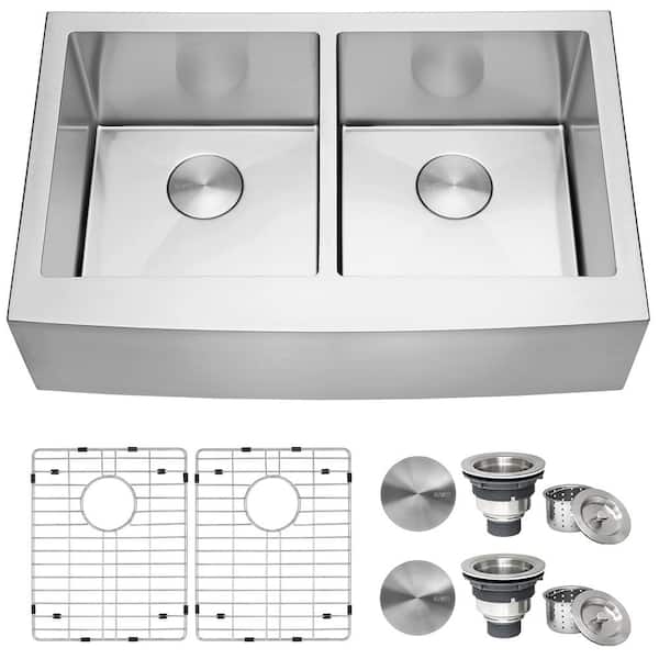 Ruvati 16 Gauge Stainless Steel 33 In 50 50 Double Bowl Farmhouse Apron Workstation Kitchen Sink Rvh9540 The Home Depot