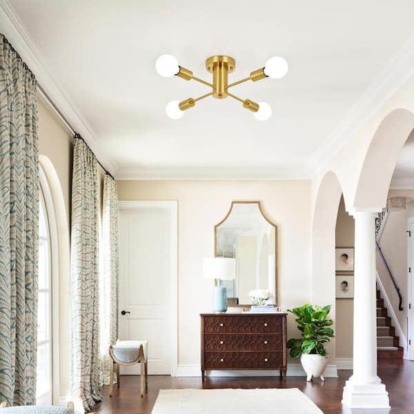 17.5 in. 4-Light Gold Sputnik Semi- Flush Mount For Foyer Bedroom with No Bulbs Included