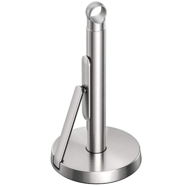 Heavy-Duty Stainless Steel Paper Towel Holder with Tension Arm, Modern Standing Countertop Dispenser for Kitchen, Silver