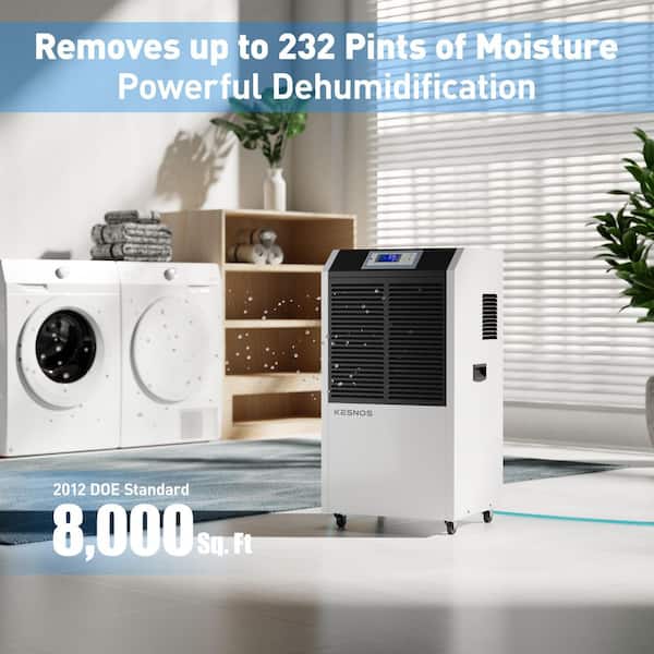232 pt. 8,000 sq. ft. Bucketless Commercial Industrial Dehumidifier in White w/Drain Hose and Timer for Basement, Garage