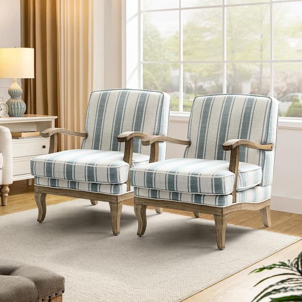 JAYDEN CREATION Quentin Farmhouse Style Upholstered Blue Arm Chair with Graceful Feet Curves and Comfortable Cushion (Set of 2)