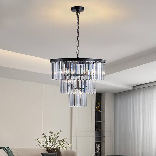 Jushua 20 in. 7-Light 3-Tier Black Crystal Chandelier Frame