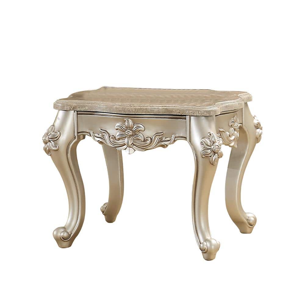 Silver Marble Top End Table with Floral Motif and Wood Legs