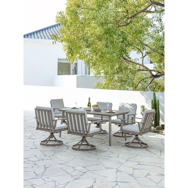 Gray 7-Piece Aluminum Outdoor Dining Set with 6-Swivel Dining Chairs, Rectangular Table and Beige Cushions