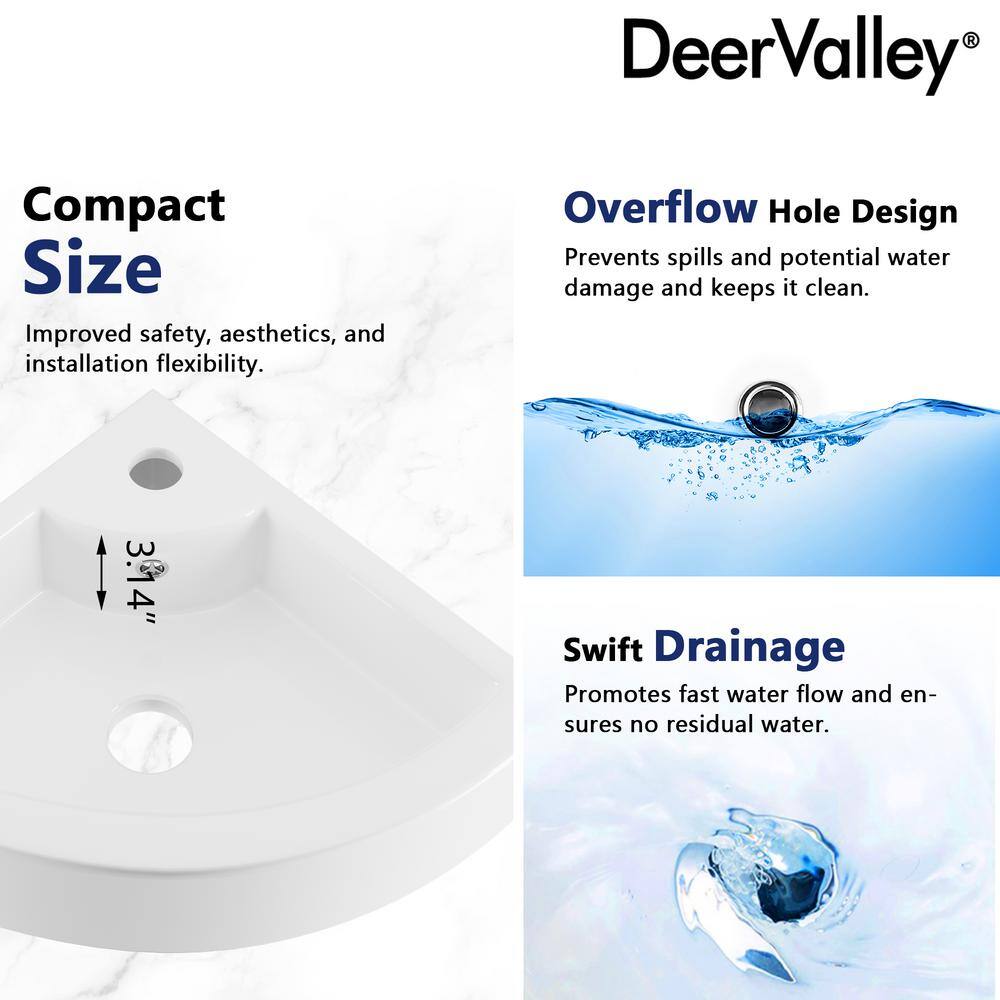 White Ceramic Wall-Mount Corner Bathroom Sink with Faucet Hole