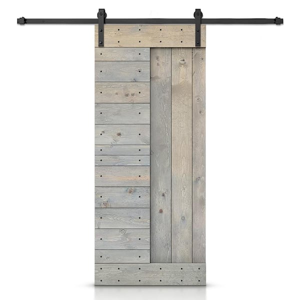 CALHOME 30 in. x 84 in. Smoke Gray Stained DIY Knotty Pine Wood Interior Sliding Barn Door with Hardware Kit