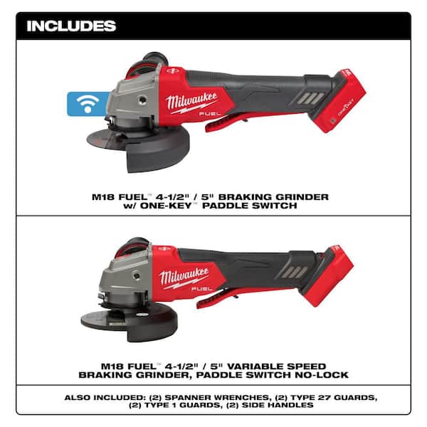 M18 FUEL 18V Lith-Ion Brushless Cordless 4-1/2 in. /5 in. Braking Grinder w/ Paddle Switch and M18 Grinder