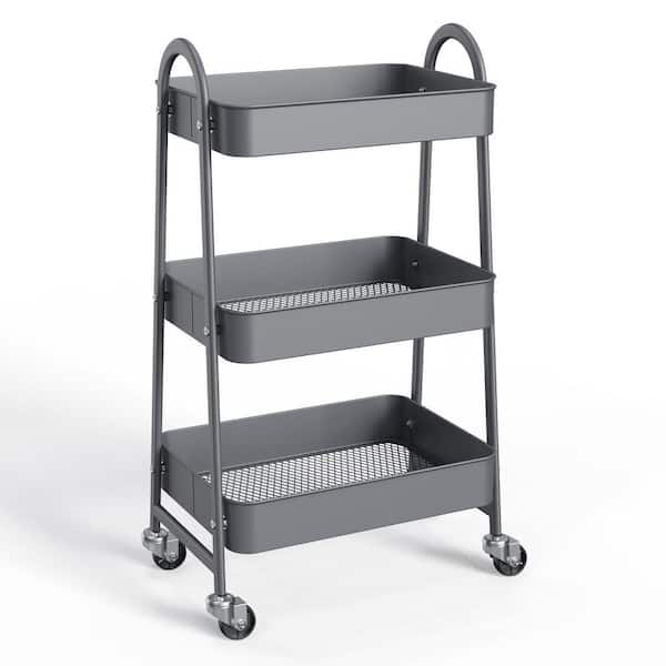 3 Tier Small Rolling Cart, Metal Utility Storage Organizer Kitchen Trolley Bathroom Laundry Room Bar Shelves in Gray